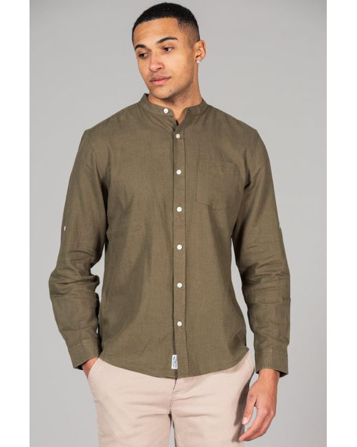 Tokyo Laundry Green Linen Blend Long Sleeve Button-up Shirt With Grandad Collar for men