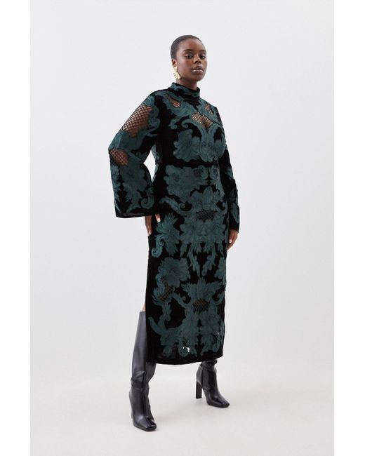 Karen Millen Black Plus Size Velvet Applique Woven Column Dress