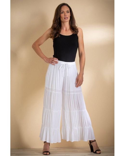 Klass White Wide Leg Crinkle Tiered Pull On Trousers