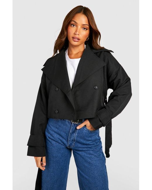 Boohoo Black Tall Crop Oversized Belted Trench Coat