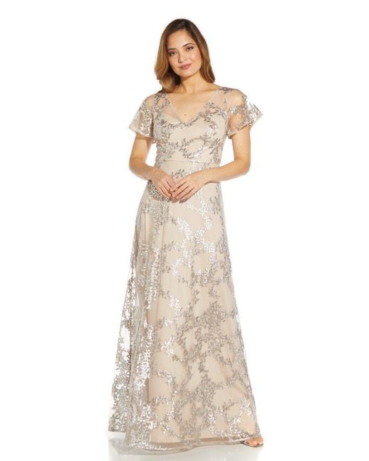 Adrianna Papell Natural Embroidered Metallic Ballgown