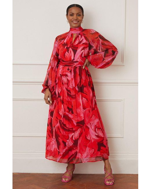 Wallis Red Feather Print Tie Back Midi Dress