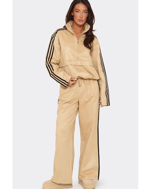 EGO Natural Wide Leg Contrast Stripe Faux Suede Mid Rise Joggers
