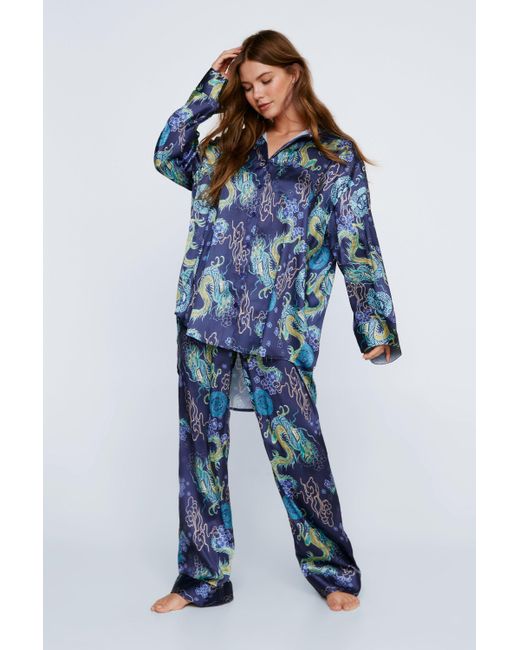Nasty Gal Blue Satin Dragon Print Oversized Pajama Pants Set