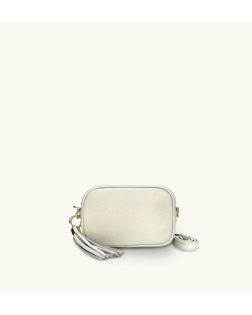 Apatchy London White The Mini Tassel Stone Leather Phone Bag With Apricot Cheetah Strap