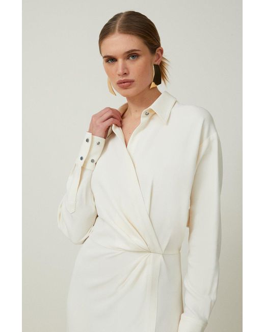 Karen Millen Natural Petite Viscose Crepe Long Sleeve Woven Midi Shirt Dress