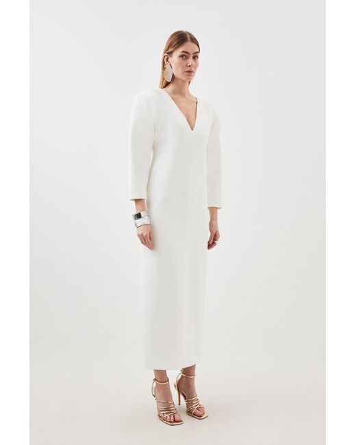 Karen Millen Natural Petite Compact Stretch Tailored Ruched Sleeve Maxi Dress