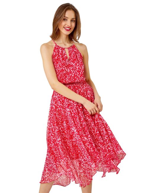 Roman Red Abstract Print Halter Neck Midi Dress