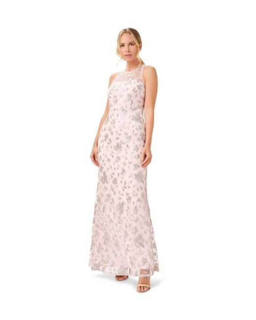 Adrianna Papell Pink Floral Sequin Halter Gown