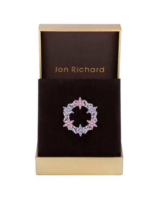 Jon Richard Black Silver Plated Pink Floral Cubic Zirconia Wreath Brooch - Gift Boxed