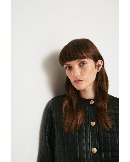 Warehouse Black Faux Leather Collarless Quilted Jacket