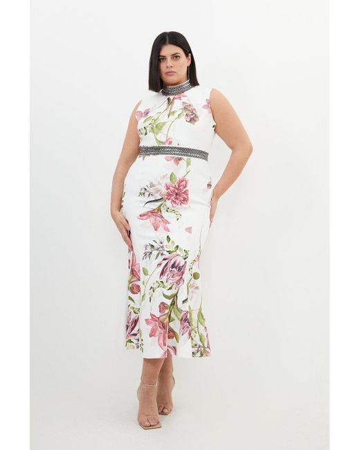 Karen Millen White Plus Size Diamante Trim Floral Woven Sleeveless Maxi Dress
