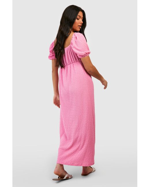 Boohoo Pink Maternity Textured Puff Sleeve Midi Dress