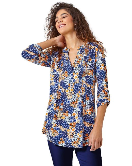 Roman Blue Ditsy Floral Pintuck 3/4 Sleeve Jersey Shirt