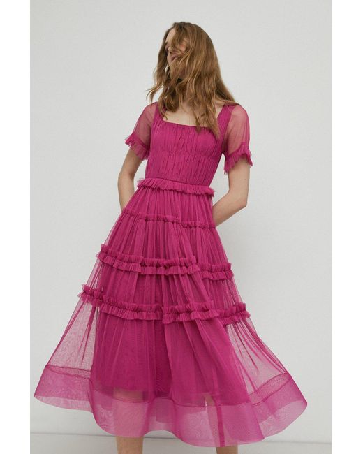 Warehouse Pink Tulle Square Neck Frill Midi Dress