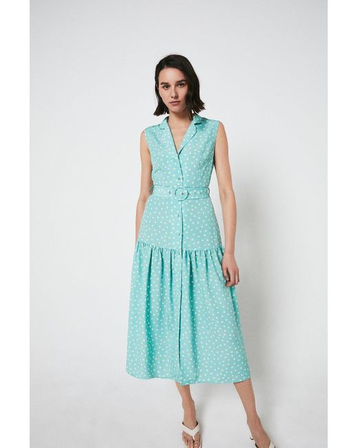 Warehouse Blue Sleeveless Dress With Buttons In Spot