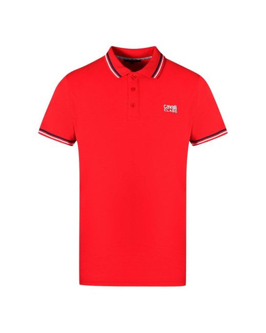 Class Roberto Cavalli Twinned Tipped Collar White Logo Red Polo Shirt for men