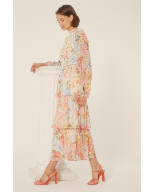 Oasis Natural Lace Balloon Sleeve Floral Tiered Midi Dress