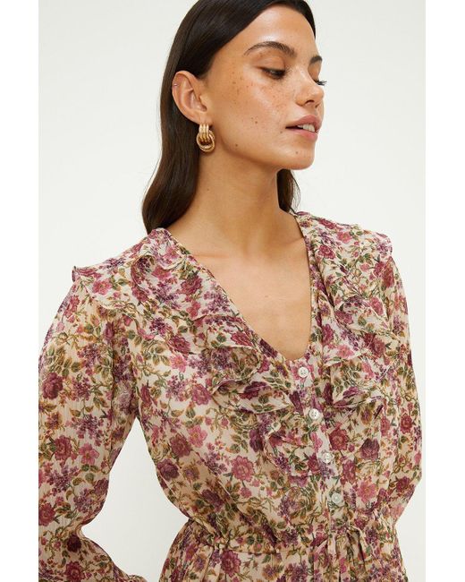 Oasis Natural Vintage Floral Double Ruffle Button Front Dress