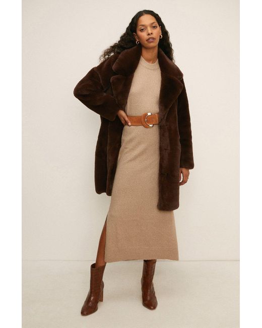 Oasis Black Petite Collared Faux Fur Long Coat