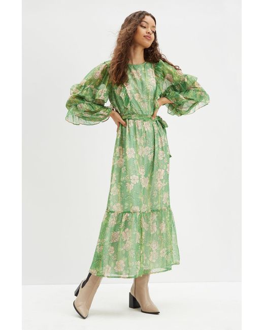 Dorothy Perkins Petite Green Floral Ruffle Midaxi Dress