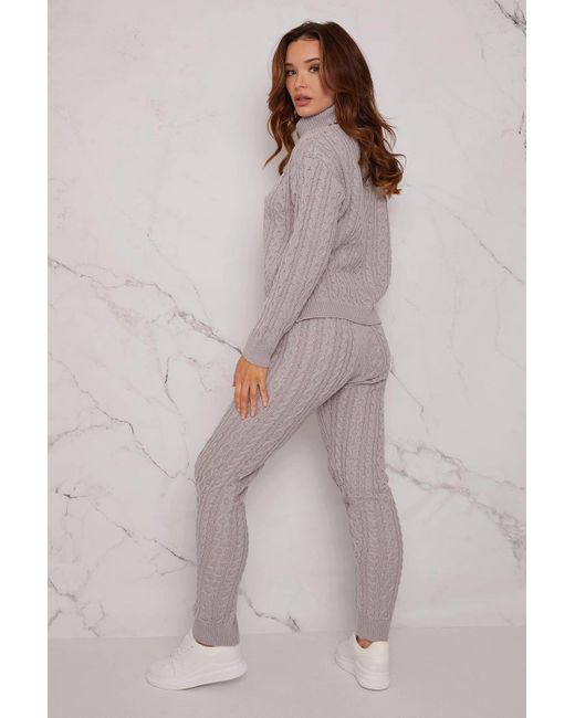 Chi Chi London Gray Roll Neck Cable Knit Loungewear Set