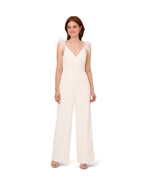 Adrianna Papell White Bead Feather Crepe Jumpsuit