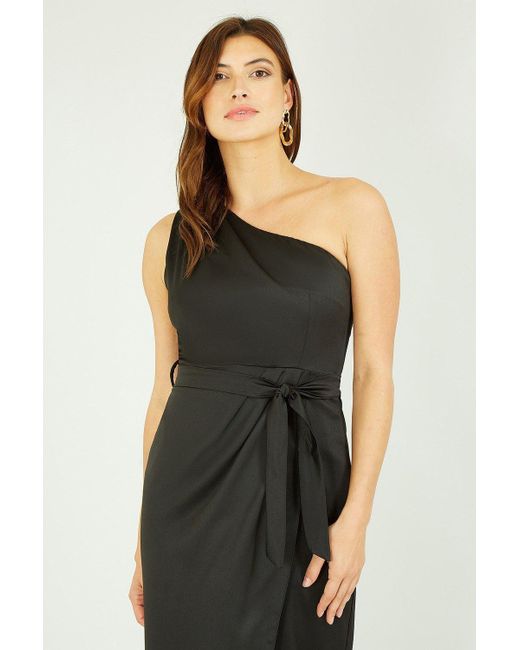 Mela Black Satin One Shoulder Wrap Dress