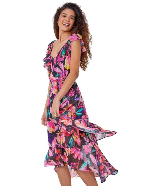 Roman Floral Shirred Waist Ruffle Midi Dress