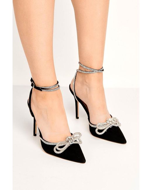 Miss Diva Black Natalie Faux Suede Pointed Toe Diamante Bow & Strap Court Shoes Heels