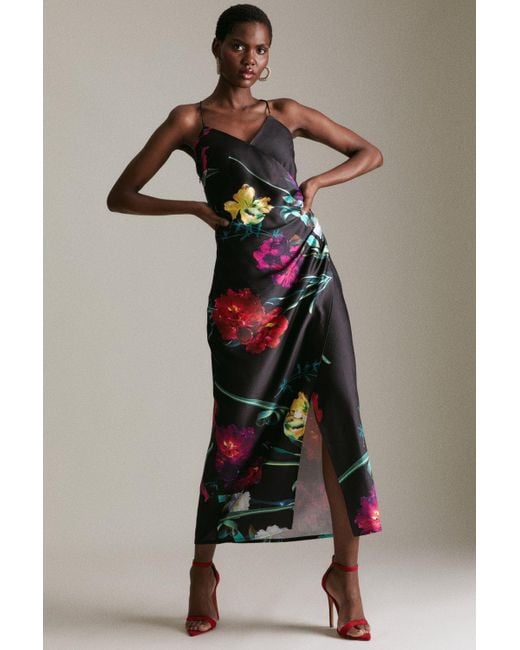 Karen Millen Multicolor Floral Satin Ruched Side Midaxi Slip Dress