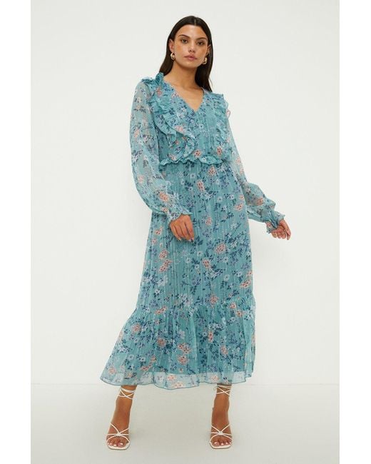 Oasis Blue Soft Floral Ruffle Tiered Hem Midi Dress