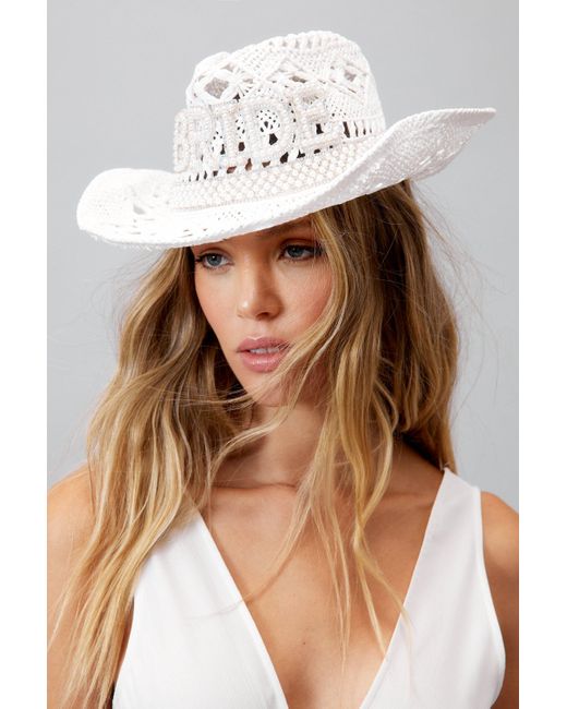 Nasty Gal White Pearl Embellished Bride Straw Cowboy Hat