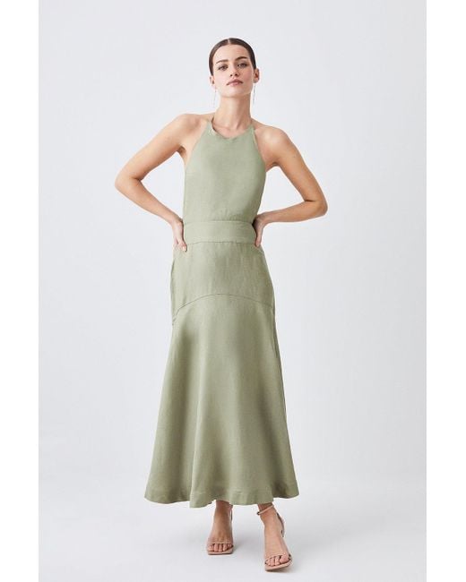 Karen Millen Green Petite Linen Viscose Halterneck Maxi Dress