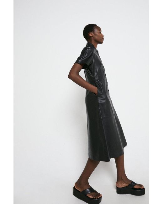Warehouse Black Real Leather A Line Midi Shirt Dress