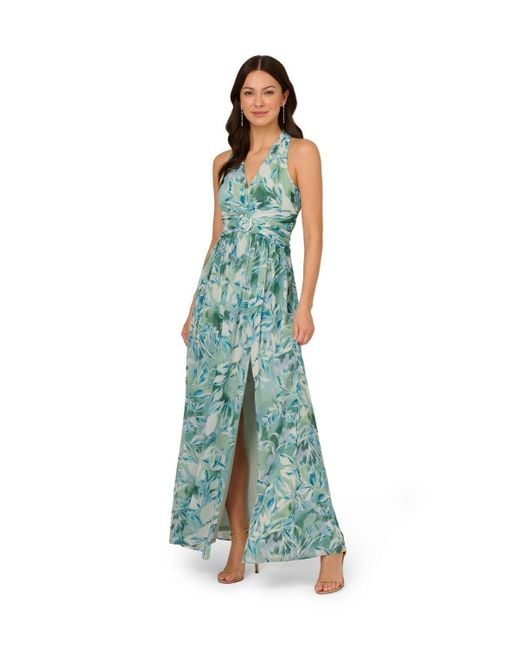 Adrianna Papell Blue Chiffon Leaf Long Dress
