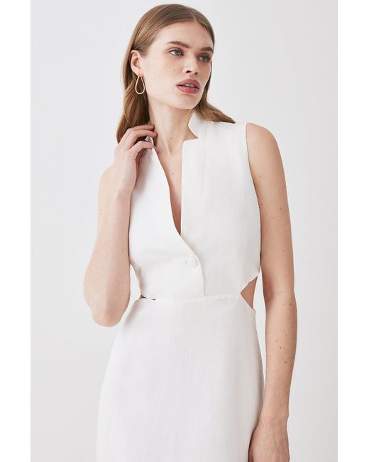 Karen Millen White Tall Linen Cut Away Midi Dress