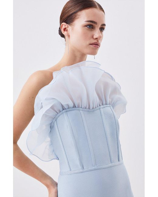 Karen Millen Blue Petite Bandage Figure Form Knit Organza Frill Midaxi Dress