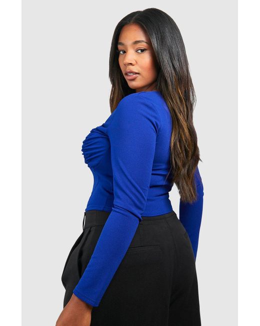 Boohoo Blue Plus Ruched Detail Hook And Eye Corset Top