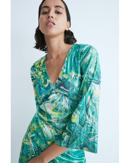 Warehouse Green Wh X Kimberley Burrows Printed Sequin Co-ord Top