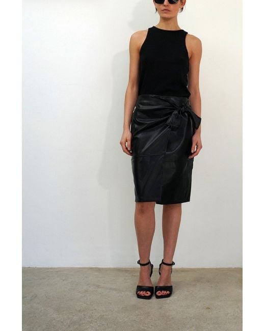 Religion Black Luster Faux Leather Wrap Midi Skirt