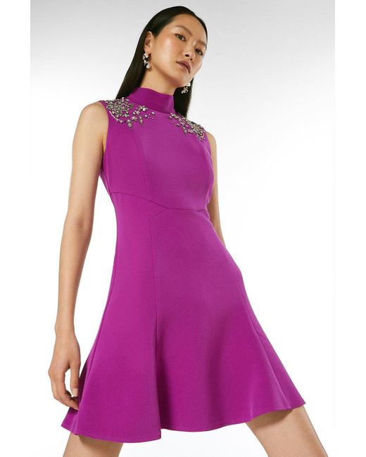 Karen Millen Purple Crystal Embellished Skater Woven Dress