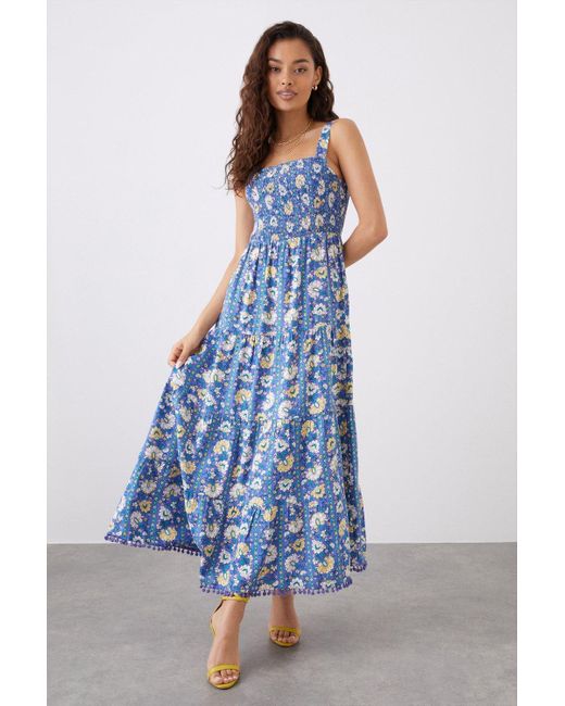 Dorothy Perkins Blue Petite Pom Pom Trim Tiered Midi Dress