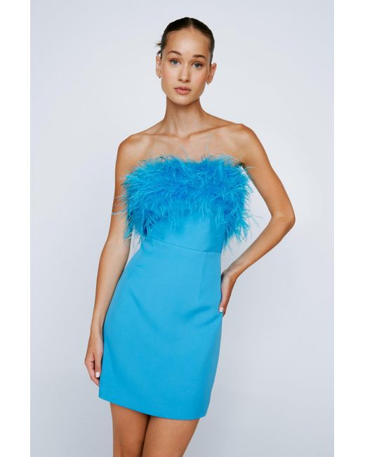 Nasty Gal Blue Feather Trim Bandeau Mini Dress