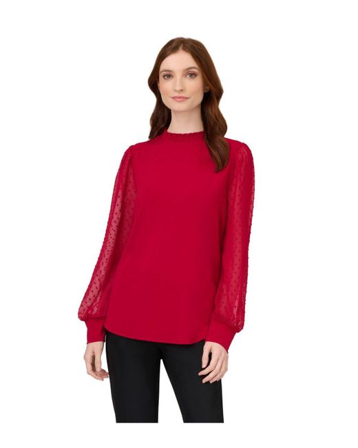 Adrianna Papell Red Clip Dot Smocked Neck Knit Top