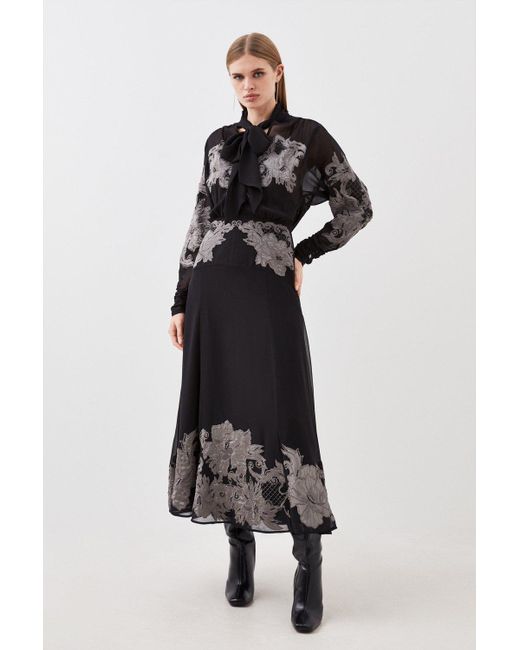 Karen Millen Metallic Velvet Applique Satin Woven Maxi Dress