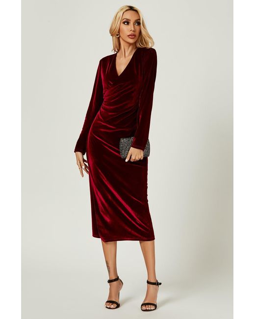 FS Collection Red Velvet Wrap Style Long Sleeve Midi Dress In Wine