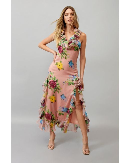 Nasty Gal Pink Floral Chiffon Ruffle Halterneck Maxi Dress