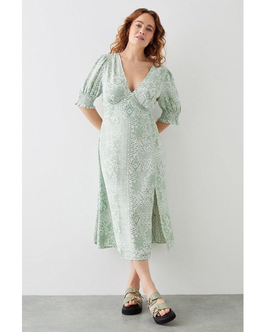 Dorothy Perkins Curve Green Tile Shirred Cuff Midi Dress