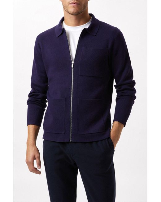 Burton Blue Premium Navy Zip Polo Neck Knitted Cardigan for men